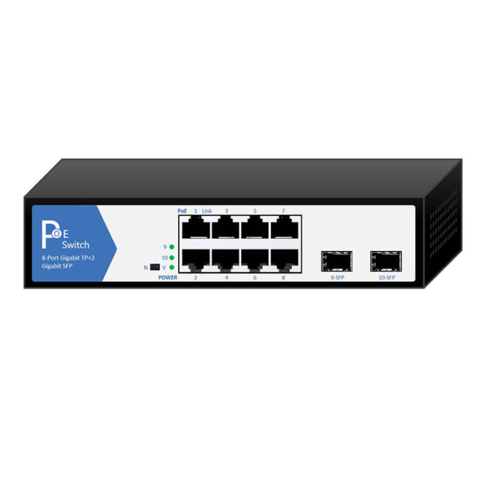 Commercial Unmanaged PoE Switch 8*10/100/1000Base-T RJ45 PoE Ports + 2*1000Base-X SFP Ports